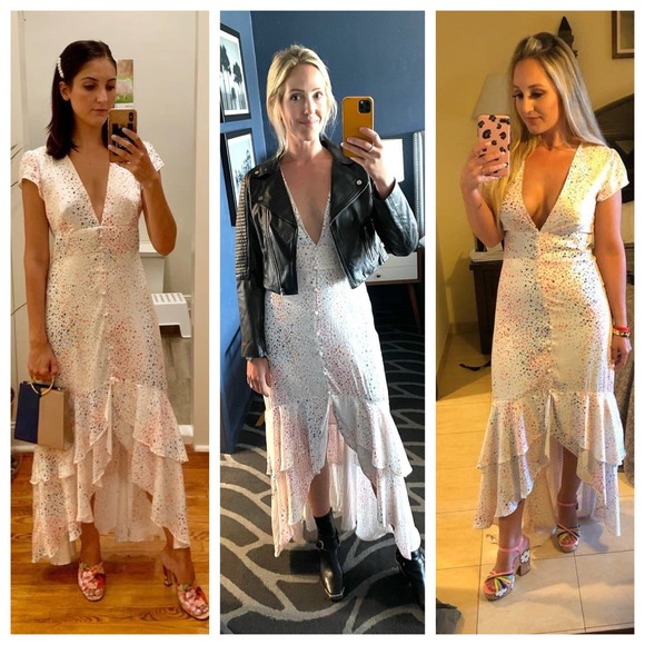 Hutch Multi Color Heart Maxi Dress White Satin Hi Low short sleeves V-neck 10 - Picture 6 of 15